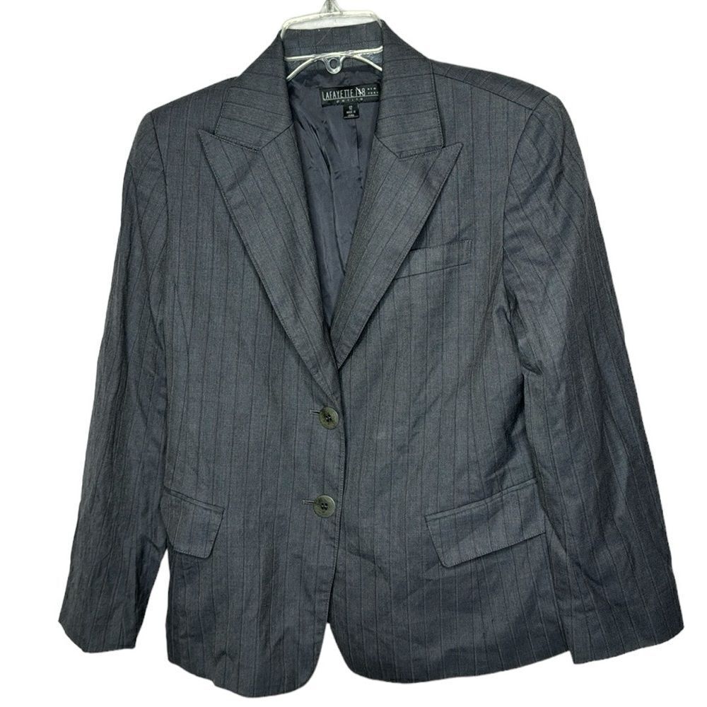 Lafayette 148 Pin Stripe Grey 100% Wool blazer. Size 12 Petite.